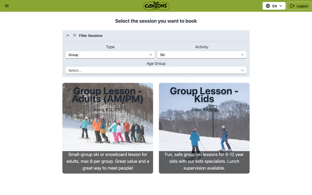 Canyons’ booking site: group lesson cards for adults and kids.