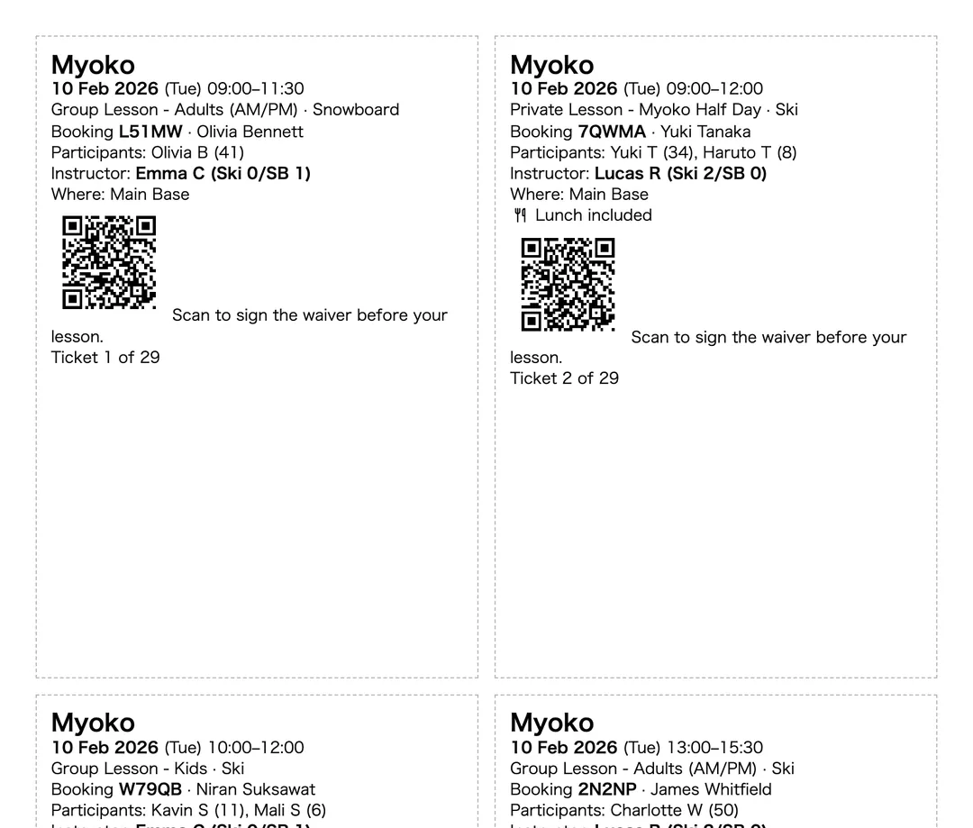 Printed group lesson tickets showing the time, guests, instructor, meeting point and a waiver QR code.
